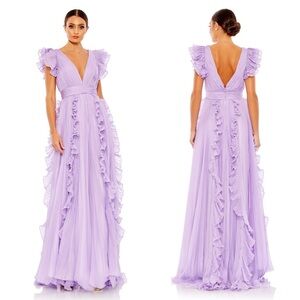 Mac Duggal 49539 Purple Pleated Ruffle Cap Sleeve Flowy A Line Gown Size 14 NWT